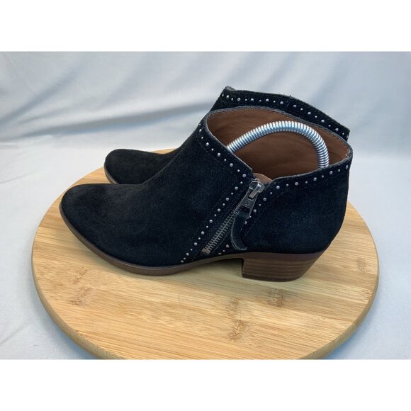 Lucky Brand Heeled Benna Bootie 6.5 Women’s Side Zip Silver Studded Black Suede - Picture 3 of 7